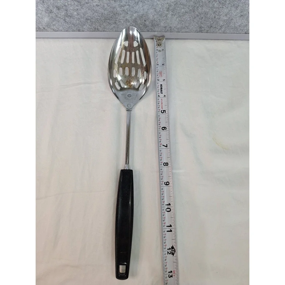 Vintage EKCO USA Slotted Spoon Stainless Steel Black Handle Kitchen Utensil 12in